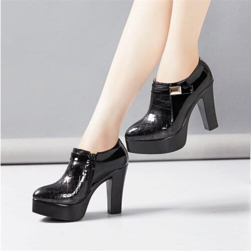 Spring 2021 NEW Womens Platform Thick High Heels Platform Retro Round Head Ladies Work Shoes Patent leather Color Matching zip