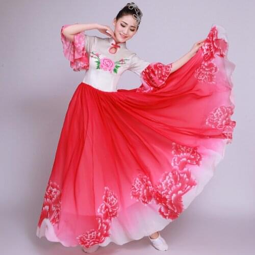 0172) New Chinese classical instrument performance dress fan/umbrella folk dance wear new big swing red Peony chorus costume