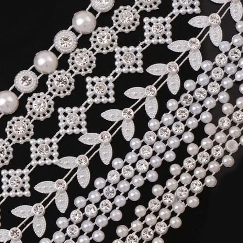 1 Yard With Rhinestone ABS Pearl Chain Rhinestone Trim Bridal Beaded Appliques Strass Garment Chain For Wedding Dress Crafts