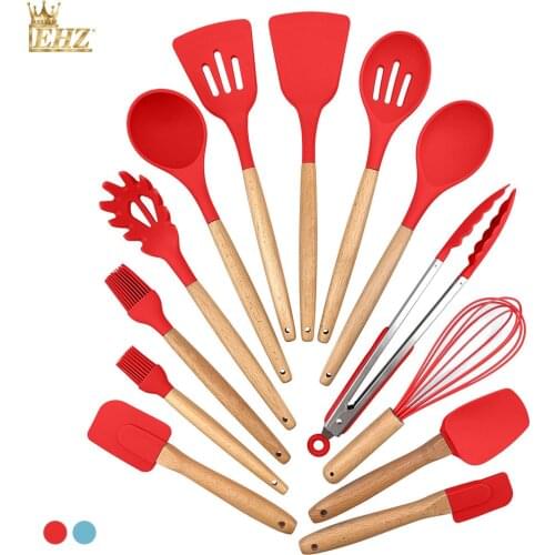 13 PCS Silicone Cooking Kitchen Utensils Set Wooden Handle Cooking Tool Turner Tongs Spatula Spoon Gadgets for Nonstick Cookware