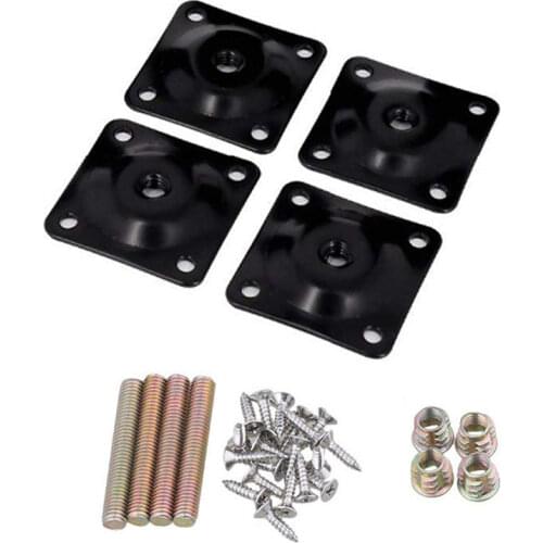 4Pcs Iron 48x48mm Black Color Sofa Table Chair Feet Attachment Plates Furniture Leg Mounting Plates with Hanger Bolts Adapters