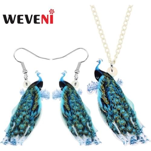 WEVENI Acrylic Sweet Animal Peacock Bird Peafowl Jewelry Sets Printing Long Necklace Earrings For Women Girls Teen Novelty Gifts