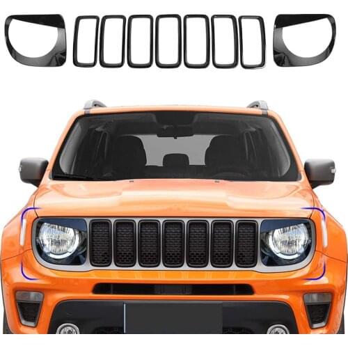 Car Front Grille Inserts Angry Bird Style Headlight Bezels Covers For Jeep Renegade 2019 2020 Decoration Stickers ABS Black 9PCS