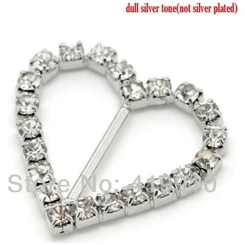 Free shipping- 5PCs Silver Tone Heart Wedding Invitation Rhinestone Ribbon Heart Slider Buckles 27x26mm M00424