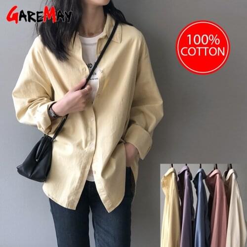 2021 High Quality Womens Shirts and Blouses Vintage Cotton Button-up Mujer Blusas Loose Blue Long Sleeve BF Shirt Fashion Tops