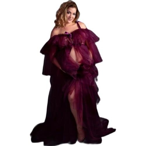 Burgundy Maternity Dresses Tiered Skirts Ruffles Maternity Gown for Photoshoot Boudoir Lingerie Bathrobe Nightwear Baby Showerl