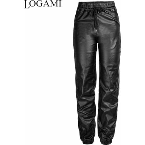 LOGAMI Faux Leather Pants Women Plus Size Elastic Tie Waist Trousers Autumn Winter Thick Pu Pants Black