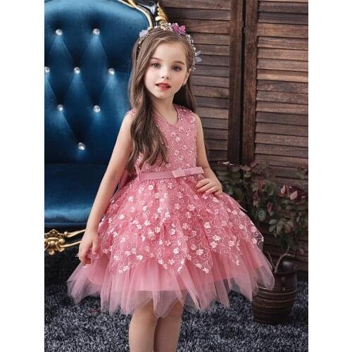 For Girls V-neck Elegant Kids Party Gowns Flower Girl DressesAppliques Bow Short Wedding Communion Dress Flower Girls Dresses
