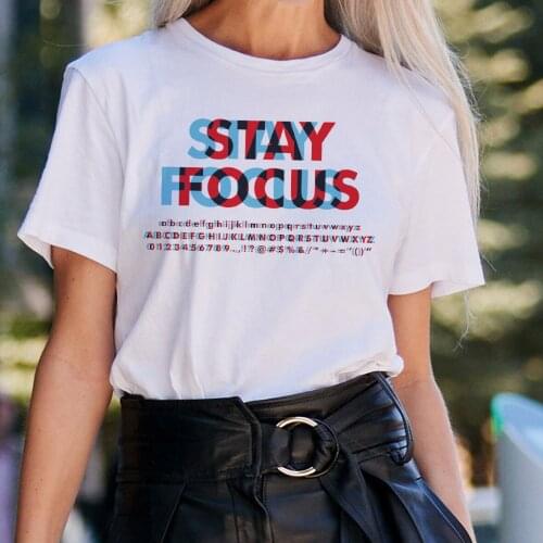 BLINGPAW Stay Focus Letter Print T-shirt Women White Cotton Women Top&Tees Summer Femme Custom Tee Shirts Slogan Tshirt