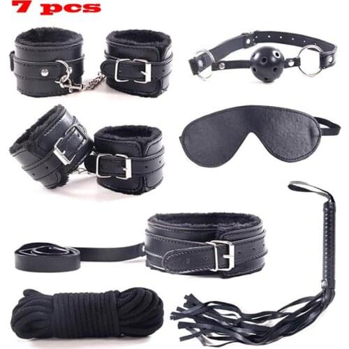 Hot 7Pcs/set Sex Toys For Woman PU Leather SM Sex Bondage Set Hand Cuffs Footcuff Whip Rope Blindfold Erotic Sex Toy For Couple