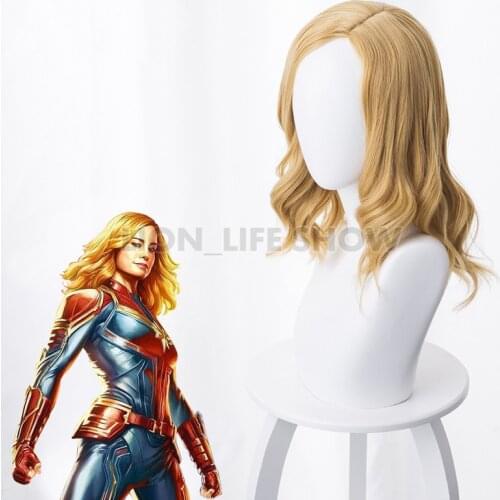Movie Captain Marvel Coplay wig Women Carol Danvers Blonde Wavy Hair Gold Synthetic Wig Halloween Wig+Wig Cap