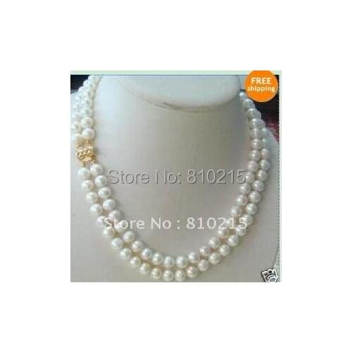 Classic!2Rows Pearl Necklace 18''-19''Inchs AA 7-8MM White Color Genuine Freshwater Pearl Necklace Wholesale New Free Shipping