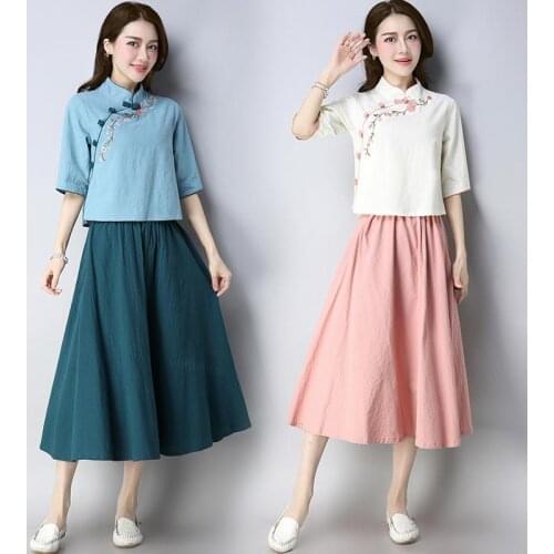 Cotton Linen Woman Traditional Chinese Clothing Sets Retro Embroidery Half Sleeve Hanfu Spring Women Oriental 2 Pieces Tang Suit