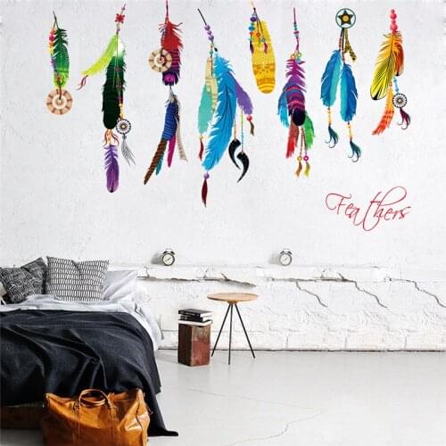 Colorful Feathers Dream Catcher Wall Stickers For Bedroom Home Decorations DIY Indian Style Mural Art PVC Decals