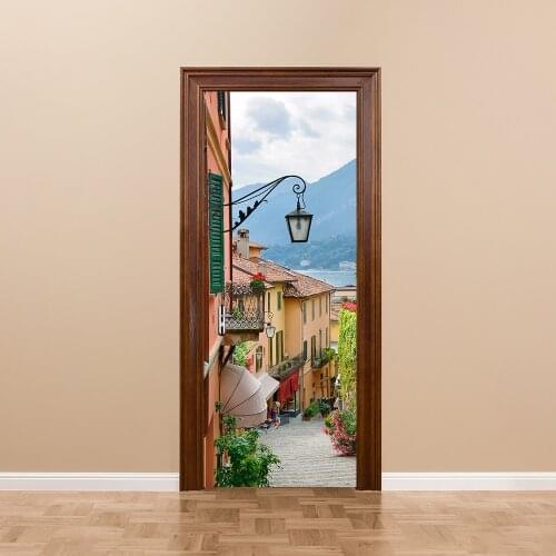 Creative DIY 3D Door Mural Wallpaper Sticker Old Town Living Room Door Sticker Wall Paper Living Room Bedroom Home Decoration