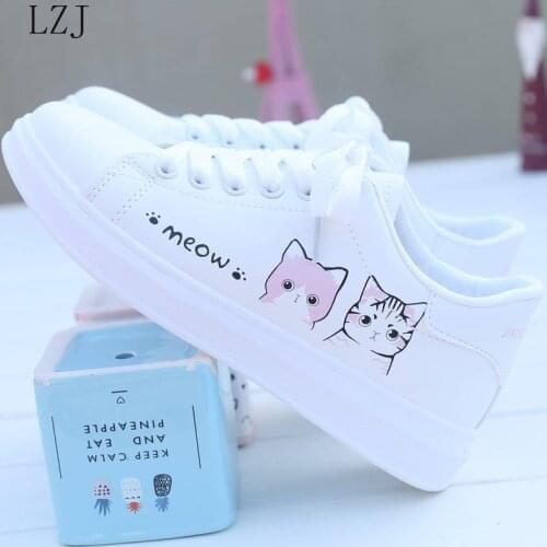 Women Sneakers Fashion Breathble Vulcanized Shoes Pu Cute Cat Cartoon Lace Up Casual White Women Shoes Zapatos De Mujer