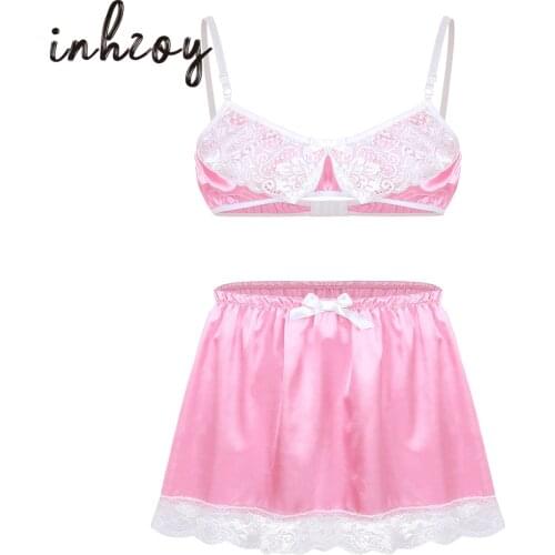 2Pcs Mens Sissy Satin Pajams Set Frilly Ruffled Lace Bra Tops with Mini Skirt Lingerie Nightwear
