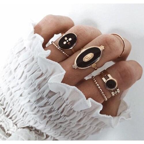 DIEZI 6pcs/set Bohemian Vintage Fashion Black Metal Chain Knuckle Joint Rings Set For Women Boho Beach Gold Finger Rings Jewelry