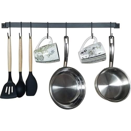Rail Type Kitchen Utensils Hook Rack Minimalist Hanging Organizer Rack with 10 S-Hooks Pot Lid Holder Wall Mount Storage Hanger