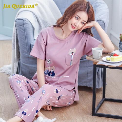2021 Fashion Spring New Pajamas Sets Homesuit Homeclothes Short Sleeve Long Pants Cartoon Printing Crew Neck Sleepwear Pj Set