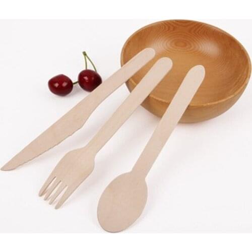 New Product Disposable Wooden Tableware Portable Long Handled Birch Spoon Cake Dessert Knife And Fork Spoon
