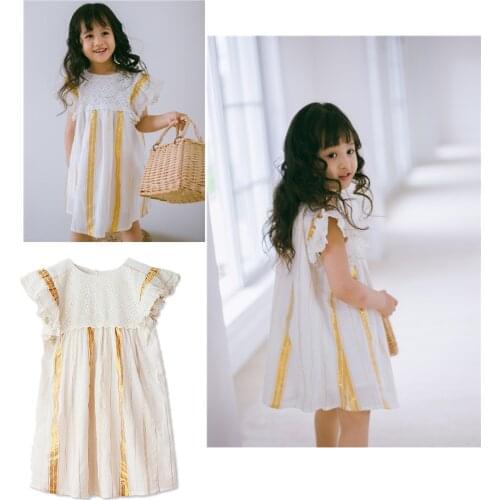 Girls' Dress European and American Cotton Custom Gold Yarn Dyed Lace Fly Sleeve Holiday Dress 2021 Summer New Childrens Wear