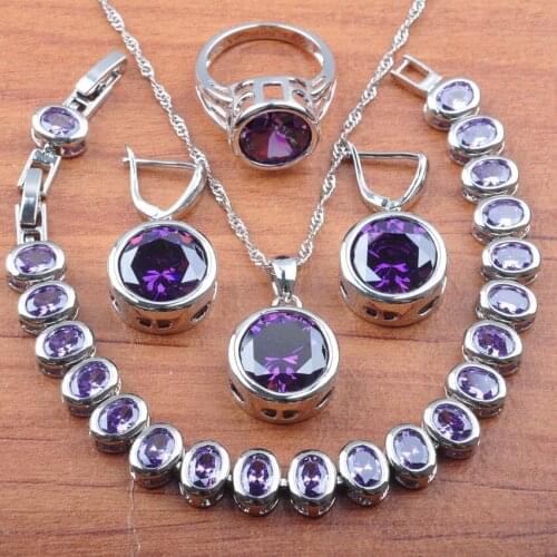 Silver Color For Women Wedding Jewelry Sets With Natural Purple Crystal Dangle Earrings Bracelet Ring Independent Box