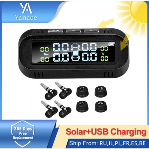 E-ACE Solar TPMS Car Tire Pressure Alarm Monitor System Display Temperature Warning Smart Tyre Pressure with 4 sensors Device