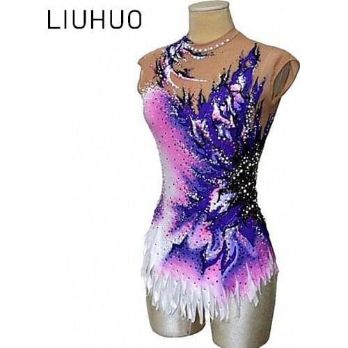 Ice skating apparel Girls Rhythmic Gymnastics Leotards women Purple Jewelry Competition Gymnastics Costumes Dance Tights Teens