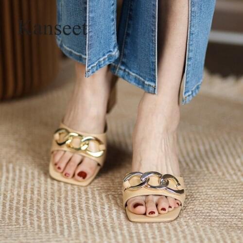 Kanseet High Heels Shoes Metal Chain Women Slippers 2021 Summer New Open-Toed Fashion Hot Sale Woman Shoes Thick Heels Footwear