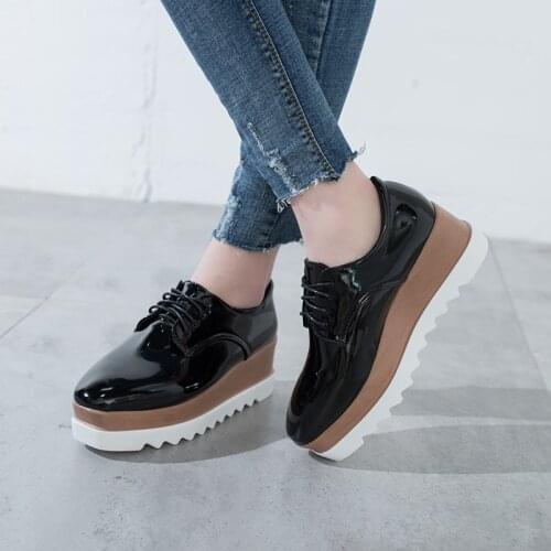 Women Shoes Patent Leather Lace Up Thick Heel Increased Flat Platform Oxford Shoes Woman Loafers Solid Casual Shoes Plus Size