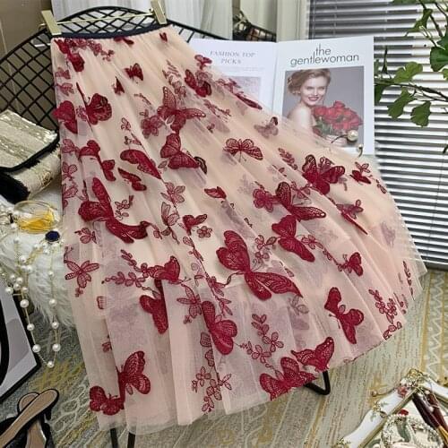2021 Spring New Mesh Skirt Elastic High Waist Slim Simple Casual Embroidery All-match Women A-line Long Skirt Tide Free Shipping
