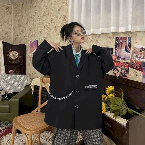 Goth Harajuku Womens Blazers Designer Metal Chains Jackets Notched Outerwear Tops for Girl Loose Plus Size Clothing for Women