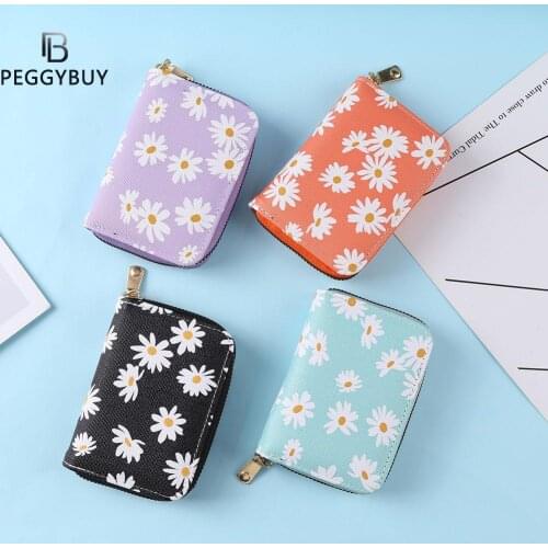 Mini Womens Purse Zipper Small Wallet Coin Pocket PU Leather Daisy Wallet Card Holder Fashion Small Coin Purse