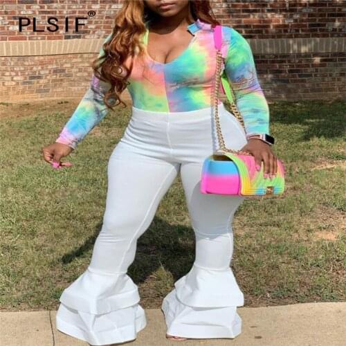 Women Tie Dye Print Pant Set Long Sleeve 2 Pieces Top And Flare Pant Suit Ladies Tracksuit