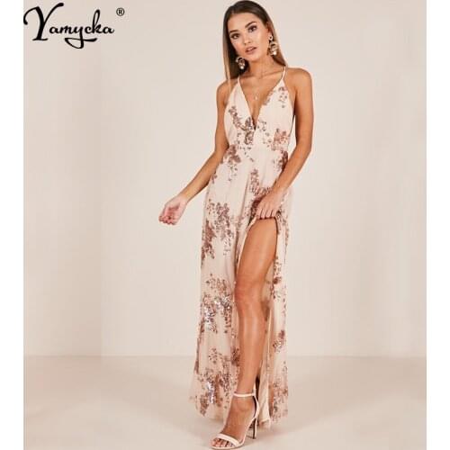 Sexy V Neck gold Sequins Summer long Dress women Split Strap Luxury night club bandage Backless Maxi Party Dress vestidos 2020