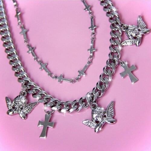 Angel Cross Pendant Necklace Cross Chain Gothic Chains and Necklaces Necklace for Women Friends Womens Neck Chain Goth Kpop