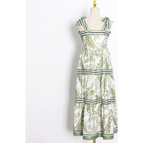 2021 Summer New Fashion Sexy Print Holiday Lace Adjustable Waist Long Length Spaghetti Strap A-LINE Dresses for Women Donsignet