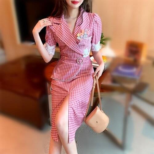 Ladies pink plaid print dress sweet lace cut young ladies summer floral applique party dress ladies belted dress NS242