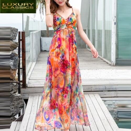 Women Sexy Summer Dress 100% Real Silk Maxi Dresses Boho Beach Evening Party Dresses Ladies Strapless Floral Vestido 2090