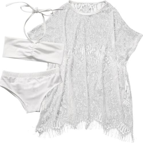 3PCS Toddler Kids Baby Girls Swimsuit Bikini Swimming Costume Bathers Swimmers Flower Lace Lovely Clothes 1-6Y