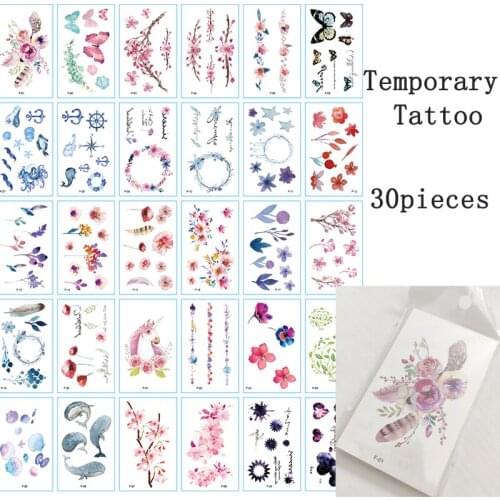 30pcs Temporary Tatoo Sticker Beautiful Flowers Plum Blossom Waterproof Fake Tattoo Butterfly Unicorn Body Art Tattoos Man Woman