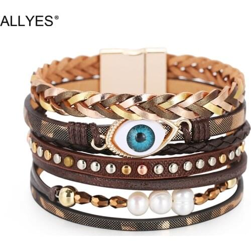 ALLYES Bohemian Evil Eye Charm Bracelet for Women Fashion Pearl Beads Genuine Leather Wrap Bracelets Bangle Female Jewelry Gifts