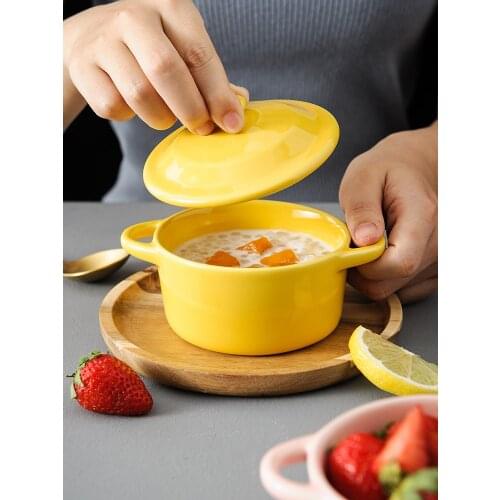 Shufulei baking bowl with lid double ear birds nest dessert ceramic bowl steamed egg stew cup household baking tableware bowl