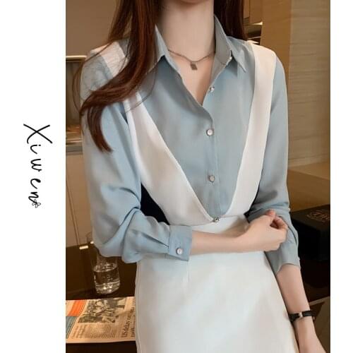 Blue Shirt for Women 2021 Spring New Korean Style Loose Casual Shirt Design Sense Niche Contrast-Color Chiffon Top