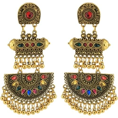 J60E Bohemian Mexico Gypsy Jhumki Earrings for Indian Women Girls Ethnic Traditional Wedding Party Wear Jewelry Gold/Silver