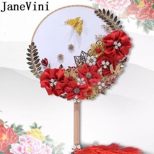 JaneVini Red Flowers Chinese Style Fan Round Pearls Gold Leaves Butterfly Bridal Hand Fans Bride Wedding Bouquet De Mariage 2019
