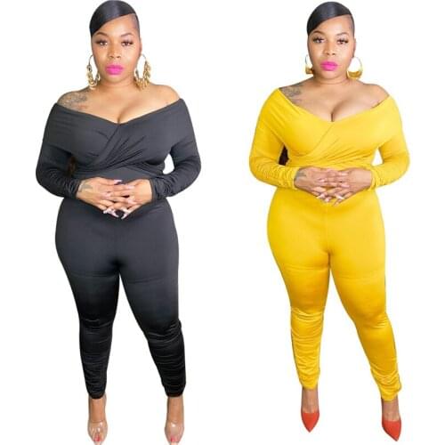 Plus Size 2XL-5XL Off Shoulder V-neck Ruched Sleeve Jumpsuit Street Long Sleeve Slim Romper Fashion Casual One Piece Overalls