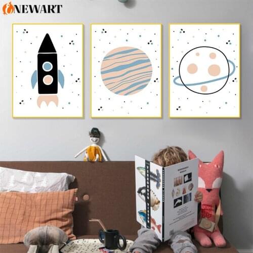 Space Baby Girl Nursery Room Poster Print Pink Rocket Jupiter Venus Cartoon Wall Art for Kids Bedroom Canvas Painting Home Decor