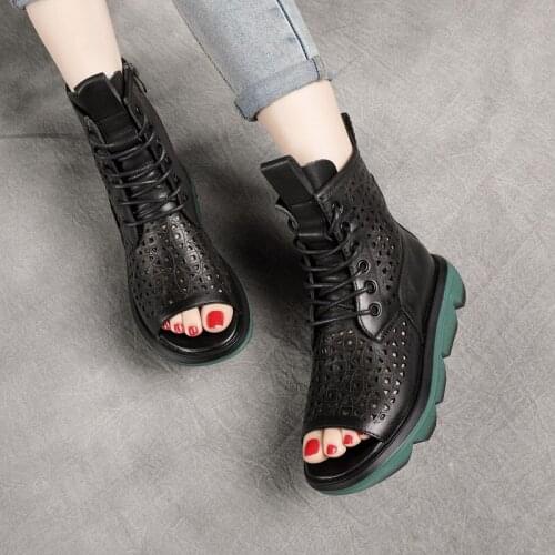 Summer Leather Thick-soled Hollow Boots Martin Boots First Layer Leather Fish Mouth Single Boots Short Boots Casual Boots